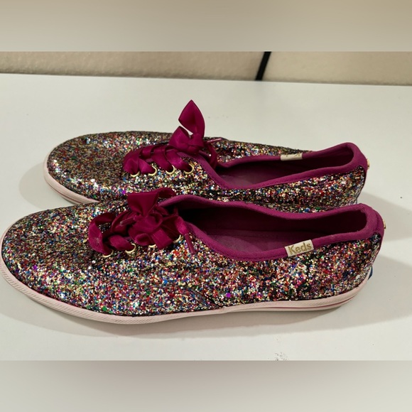 Keds X Kate Spade Fuchsia Multi Color Glitter Ribbon Tie Sneakers 6 - Picture 3 of 9